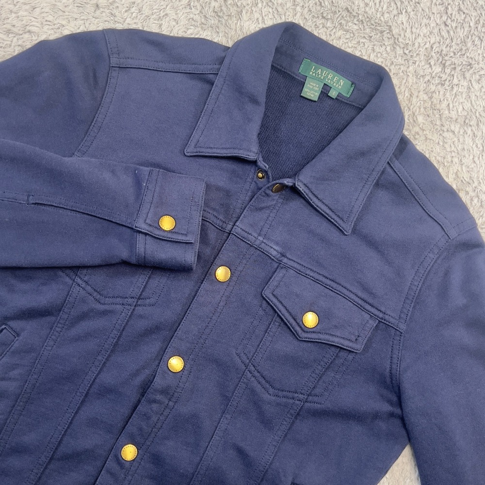 Lauren‎ Ralph Lauren Navy Knit Snap Trucker Utility Jacket Women's Small S Gold